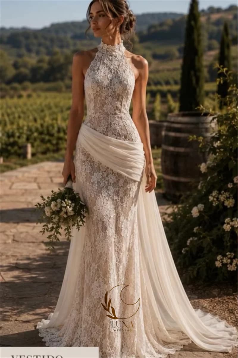 Robe de mariée de luxe personnalisée Luna en dentelle intégrale avec traîne, sans manches, style for