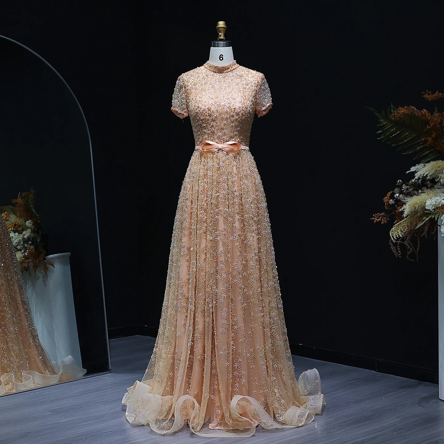 Sharon Said – robe de soirée élégante brodée pêche, avec nœud, luxe, perles, pour femmes arabes, rob