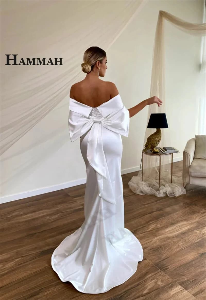 HAMMAH Robe de mariée vintage à nœud papillon pour femme, épaules dénudées, en satin, coupe sirène, 