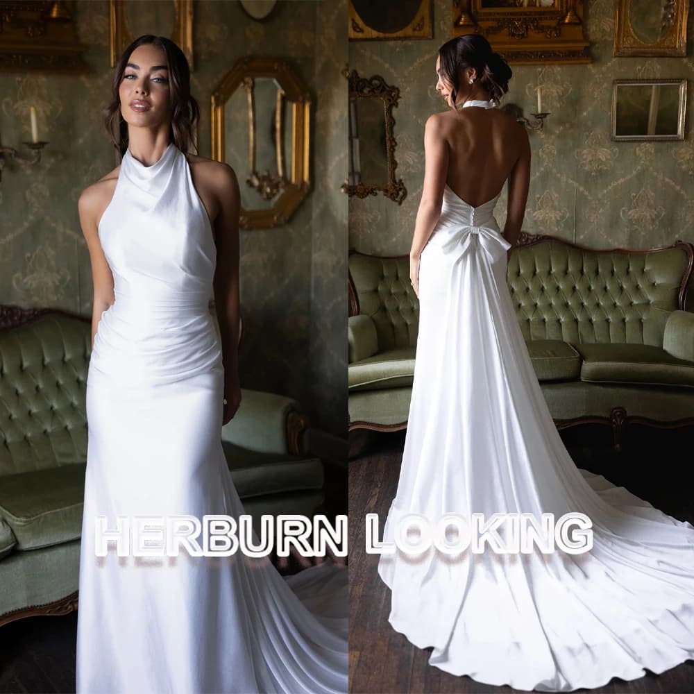Robe de mariée sirène romantique HERBURN pour femme, col halter, plissée, nœud papillon, dos nu, bou