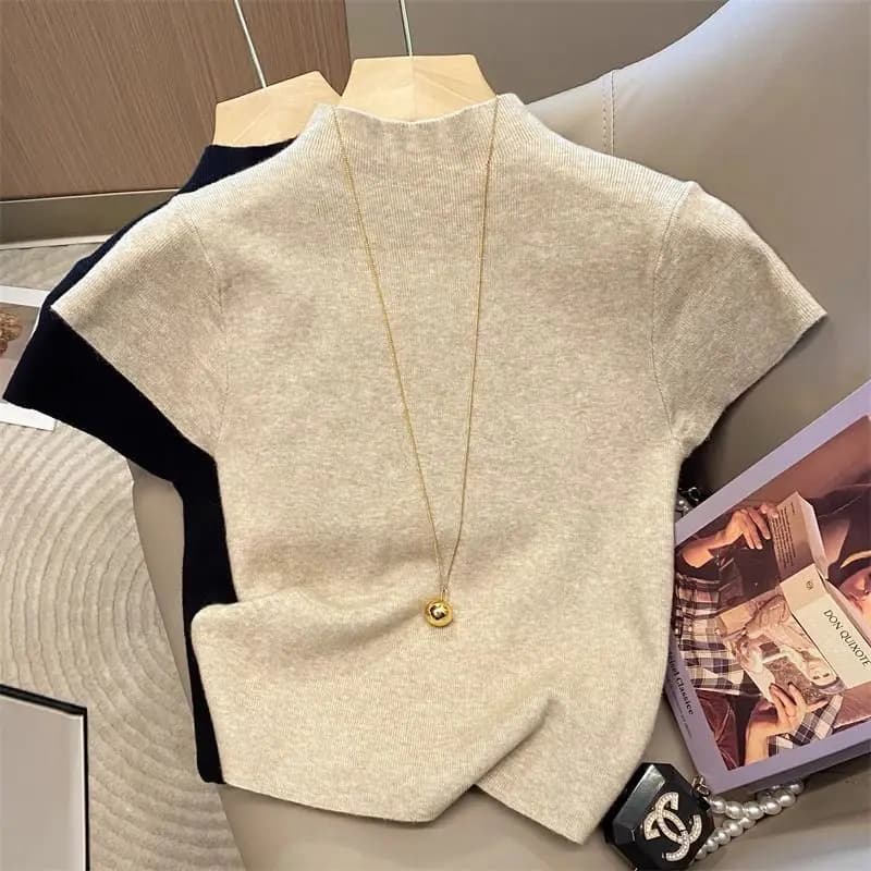Pull à col roulé pour femme, basique, couleur unie, fin, tricoté, Slim, manches courtes, moulant, ét