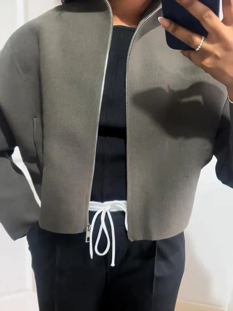 Veste courte en tricot pour femmes, col montant, fermeture éclair, manteau ample à manches longues,