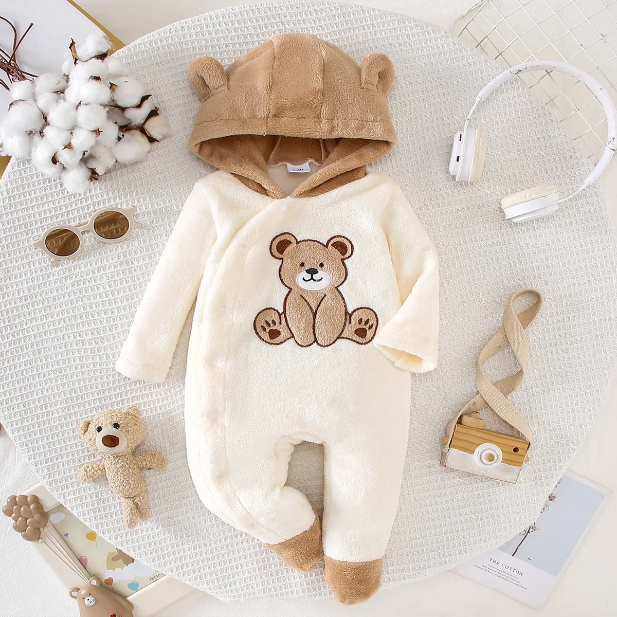 Automne hiver bébé ours Onesie avec chapeau tissu en peluche doux chaud mignon coussin chauffant ave