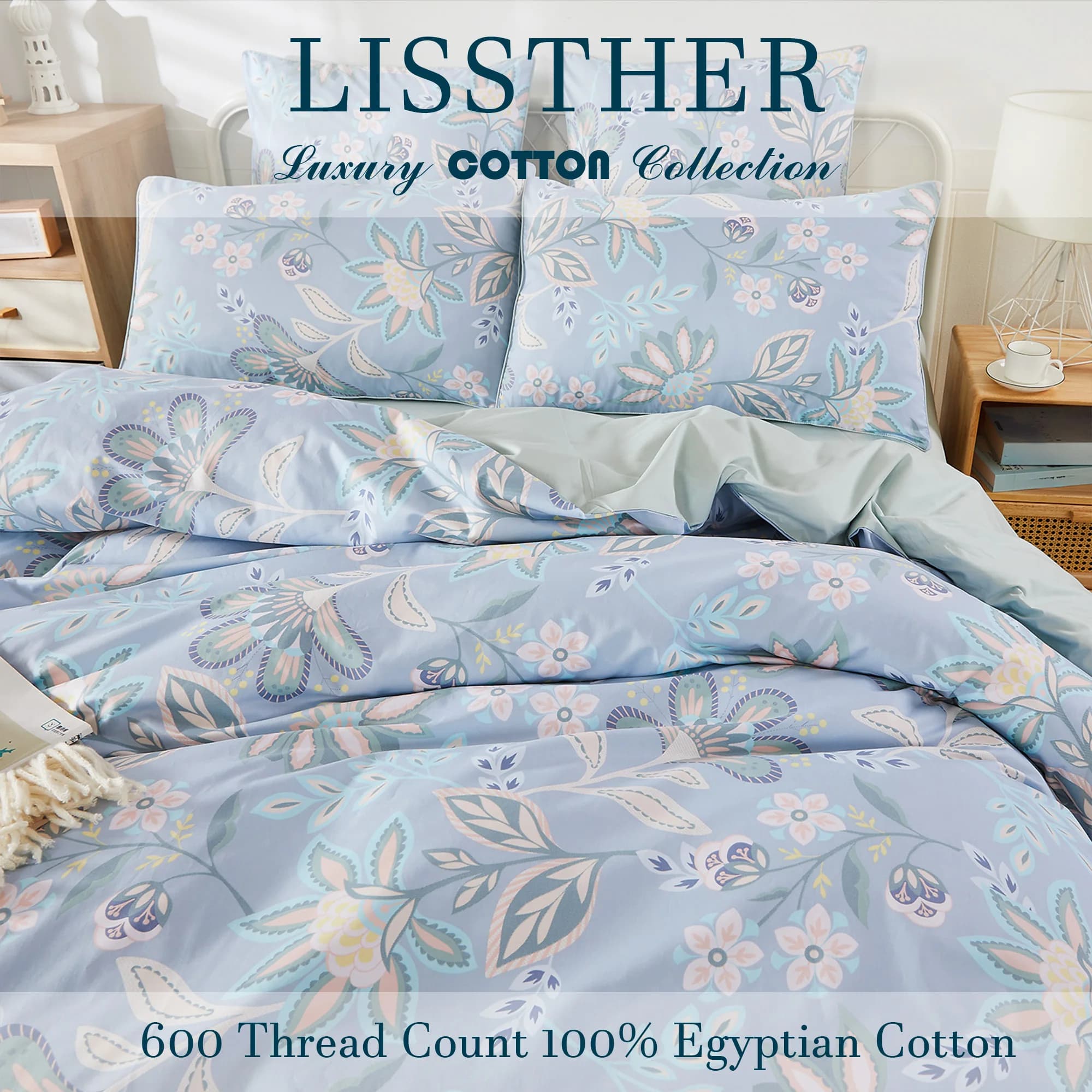 Ensemble de housse de couette 3 pièces 600TC 100% coton égyptien, luxe Boho Paisley Floral, doux pou