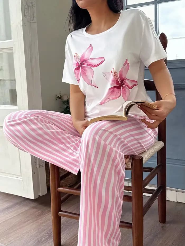 Pyjama Femme 2 Pièces Ensemble Manches Courtes Vêtements de Nuit Tenue d'Intérieur