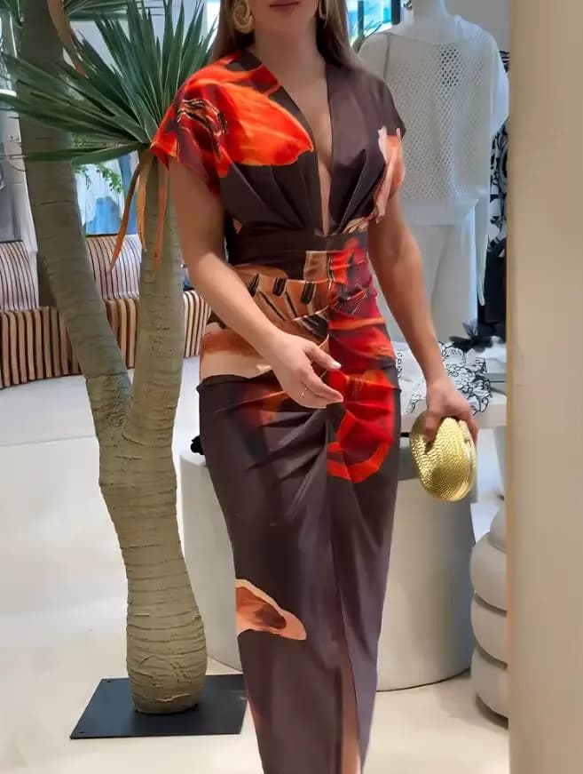 Robes pour femmes 2025 printemps été mode Placement florale imprimé col en v profond fente avant robe froncée coupe