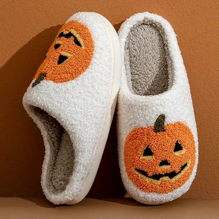 Sourire citrouille Halloween chaussons pour femmes hiver intérieur dessin animé confort maison chambre doux casual plat en peluche chaussures pour cadeau