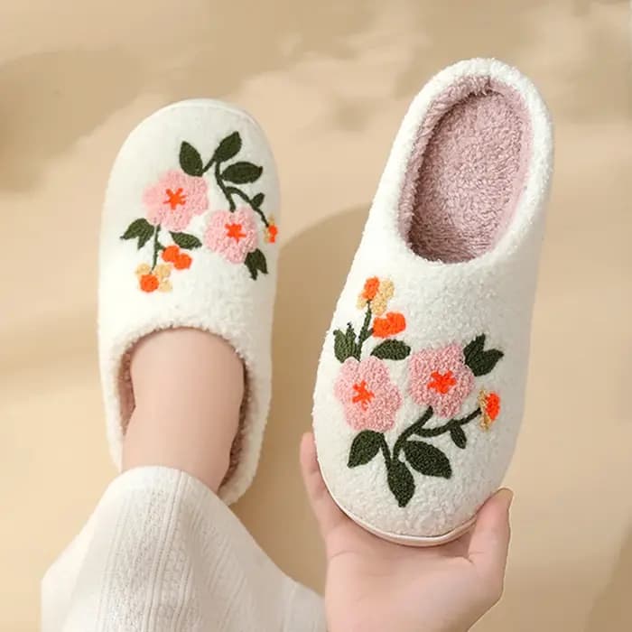 Mignon fleur broderie maison pantoufles femmes confortable semelle souple antidérapant intérieur coton
