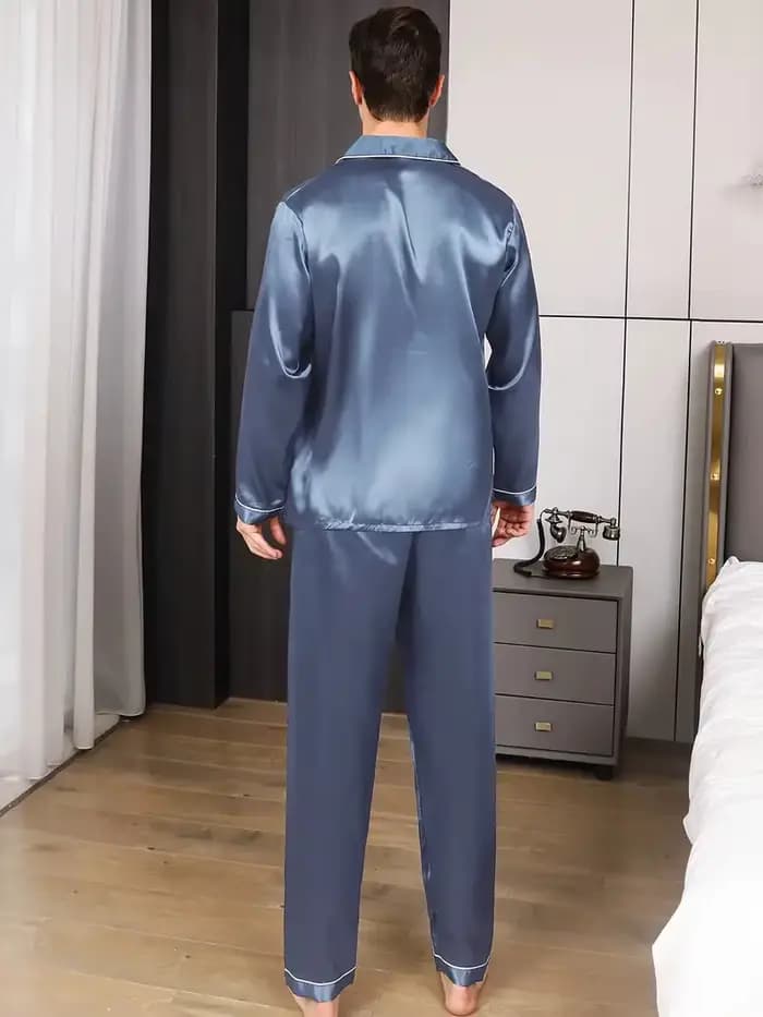Hommes pyjama ensembles vêtements de nuit en microfibre pour dormir homme chemise soie à manches longues