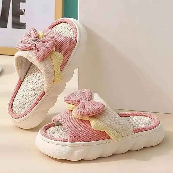 1 paire antidérapant nœud papillon femme lin pantoufles semelle épaisse orteil et trou nœud