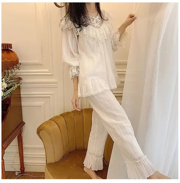 Ensembles de pyjama à col en V princesse Lolita pour femmes