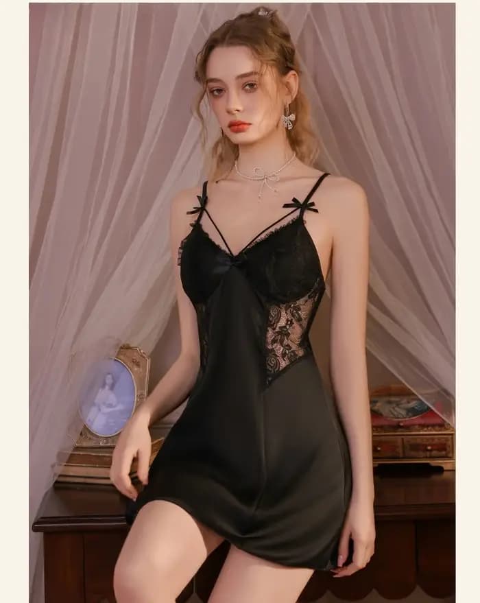 Ensemble de pyjama et robe de chambre en satin ajouré avec nœud en dentelle, dos nu, avec coussinets de soutien-gorge intégrés, respirant, tenue d'intérieur, style français charmant