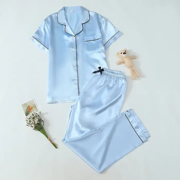 Ensemble de 2 pyjamas en satin uni, manches courtes, pantalon long, pyjamas pour femmes, ensemble de