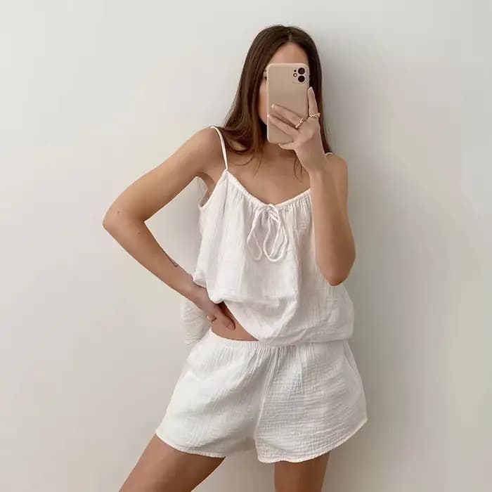Nouvel ensemble de pyjama d'été 2026 pour femme, en pur coton, avec short à bretelles, confortable, 2 pièces, vêtements décontractés pour la maison, style Y2K, vente chaude