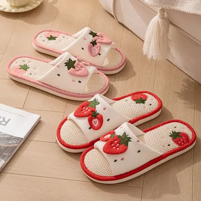Pantoufles d'intérieur en lin à motif fraise pour femmes et filles, à bout ouvert, de créateur, d'été, antidérapantes, douces, silencieuses, unisexes et respirantes