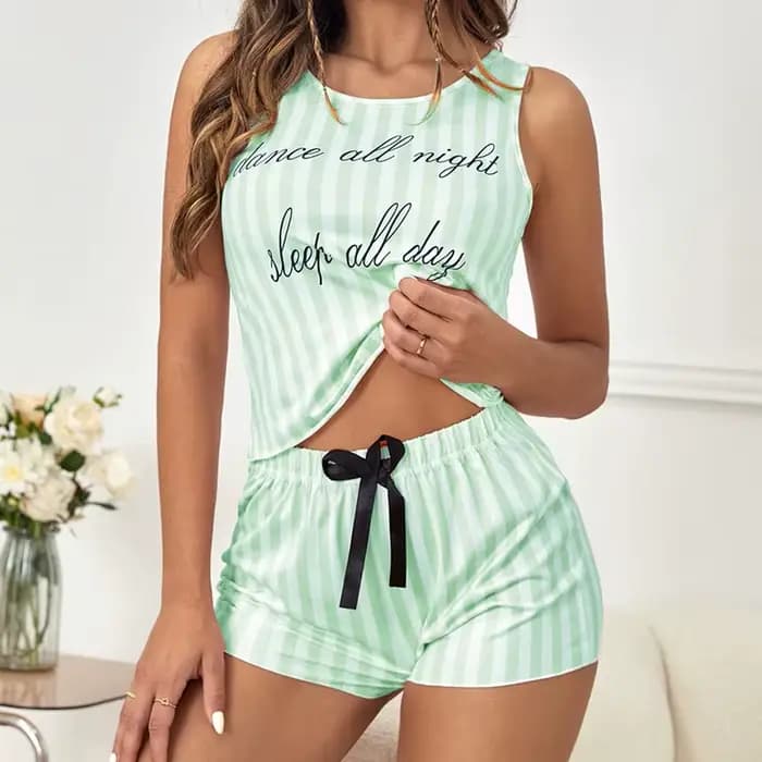 Pyjamas pour femmes été rayure pyjama imprimé Faux coton col rond