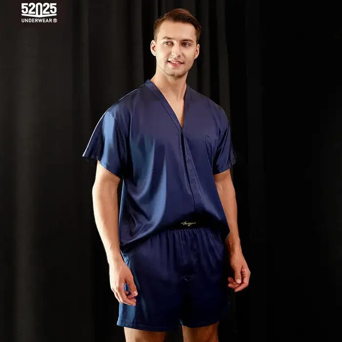 Ensemble de pyjama 100 % soie de mûrier pour homme 52025 – Coupe décontractée, luxe naturel et confo