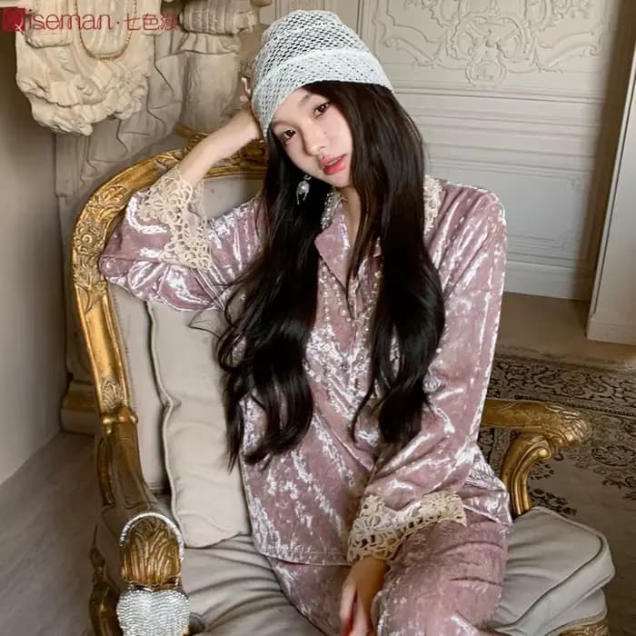 Pyjama en velours pour femme, classique, de luxe, épais, chaud, manches longues, pantalon, ensemble 2 pièces, vêtements de maison, chemise de nuit, automne hiver 2025