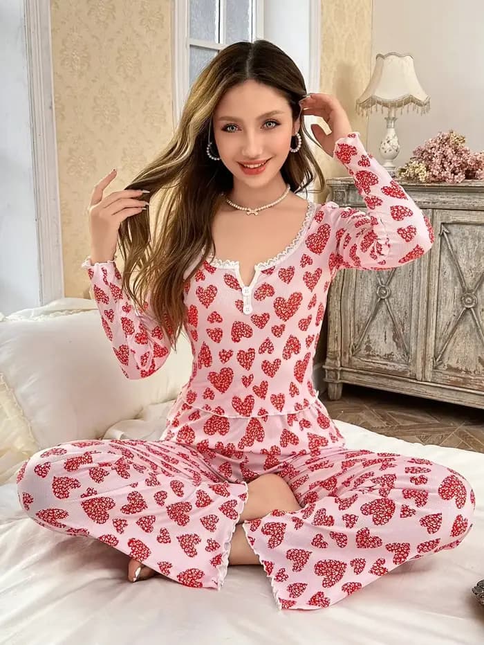 Ensemble pyjama 2 pièces pour femme en tricot côtelé avec imprimé cœur
