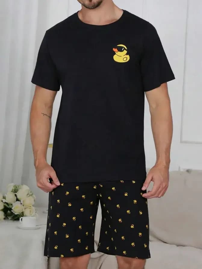 Ensemble de pyjama pour homme, haut à manches courtes imprimé canard + short de détente, 1 haut + 1 paire de pantalons, adapté aux temps frais.