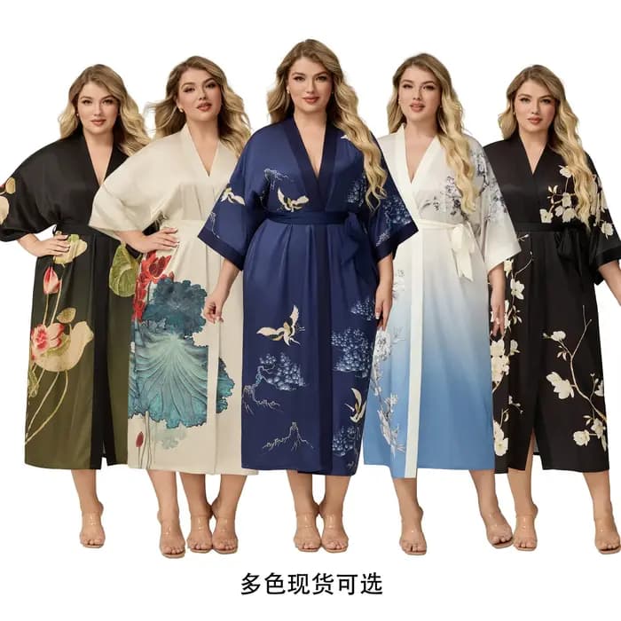 Printemps automne nouvelle Robe longue pour femmes Homewear imprimé fleur Kimono peignoir
