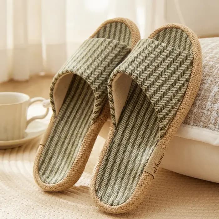 Pantoufles en coton et lin de style japonais pour femmes et hommes, chaussures de loisirs, style rayé, antidérapantes, pour couples, respirantes, pour la maison