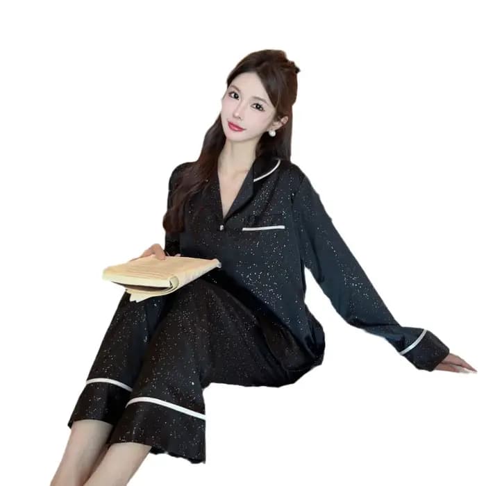 Chemise et pantalon à revers noir 2 pièces Pyjamas vêtements de maison femmes rayonne