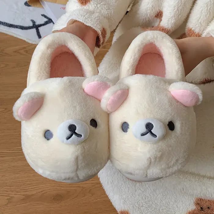 Kawaii Bear Rilakkuma pantoufles en coton mignon plat bout fermé Mules pour hommes et femmes hiver dessin animé maison