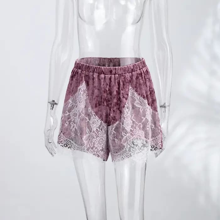 Shorts en velours à empiècements en dentelle pour femme, nouvelle collection été 2026, taille élasti