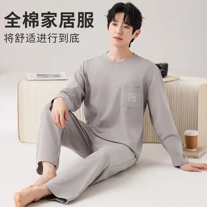 Ensemble de pyjama pour homme 100% coton, col rond, haut à manches longues, pantalon long, ample, doux, décontracté, deux pièces, vêtement de nuit.