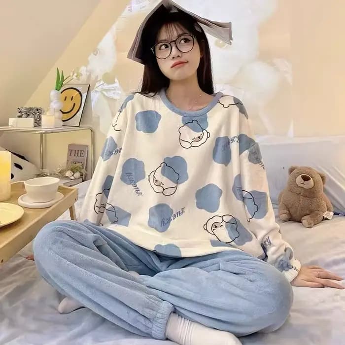 Ensemble de pyjama en flanelle pour femmes, automne et hiver, pantalon à manches longues avec doublure en polaire, vêtements de maison chauds, amples et doux.