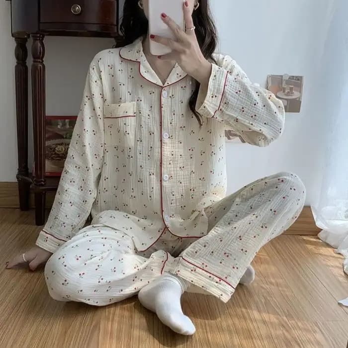 Mignon à volants cerise pyjamas femmes revers ample deux pièces vêtements de nuit chemise