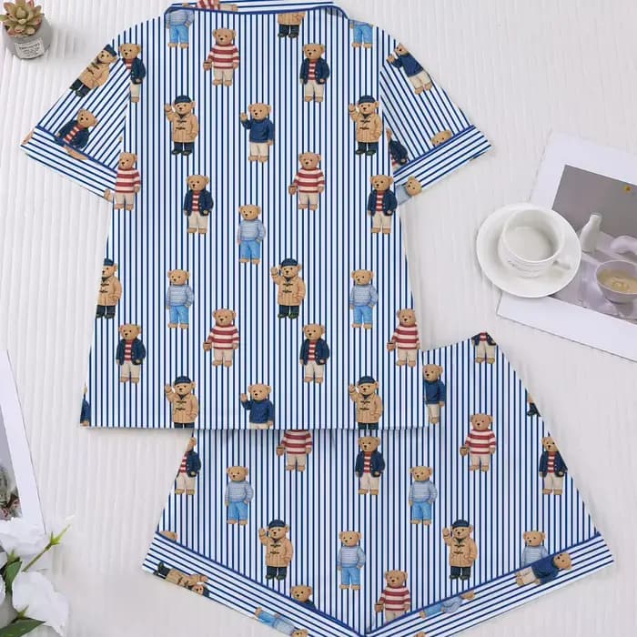 Pyjama femme avec ours à pois rayures imprimé bleu revers manches courtes pantalon court