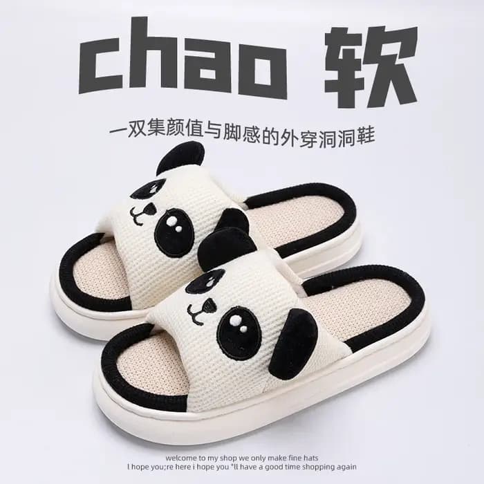 Chaussons d'intérieur pour femmes et couples, motif Panda Chat, en lin et chanvre, antidérapants, ép