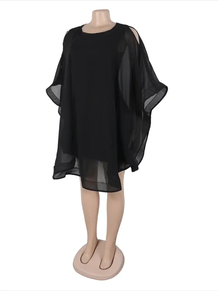 Femmes élégantes robes Simple solide en mousseline de soie col rond manches cape ample taille moyenne casual dîner