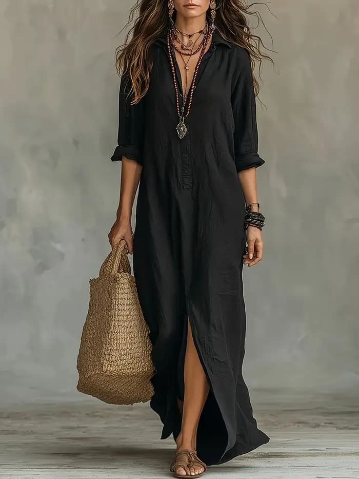 Robe longue en lin noir pour femme - Manches retroussables