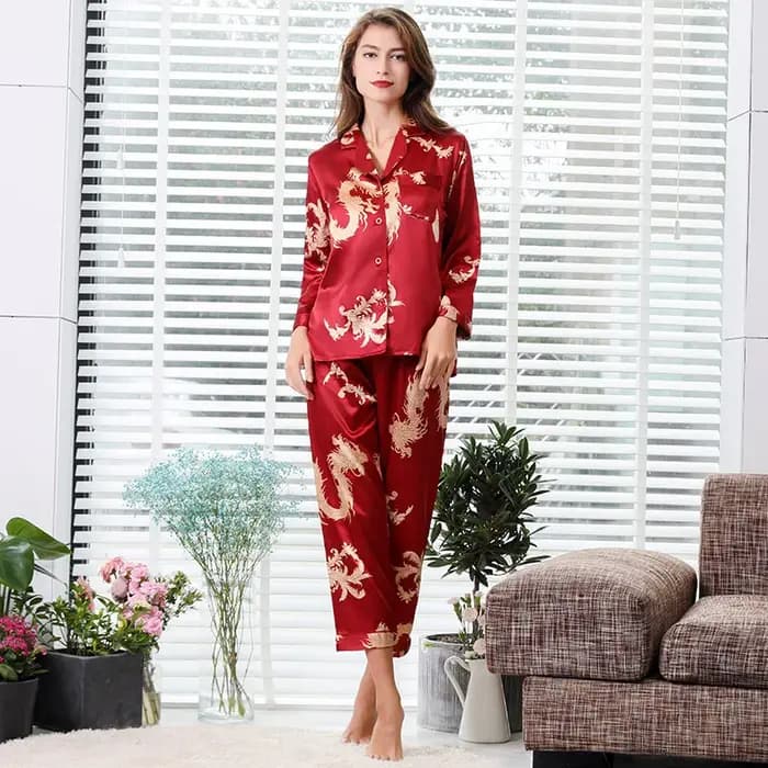 Ensemble de pyjama à manches longues pour hommes, vêtements de nuit deux pièces, rayonne, motif dragon, style chinois, maison, couples