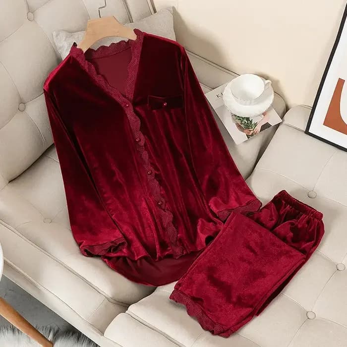 Nouveau velours vêtements de nuit femmes dentelle douce à manches longues deux pièces ensemble peut être porté à