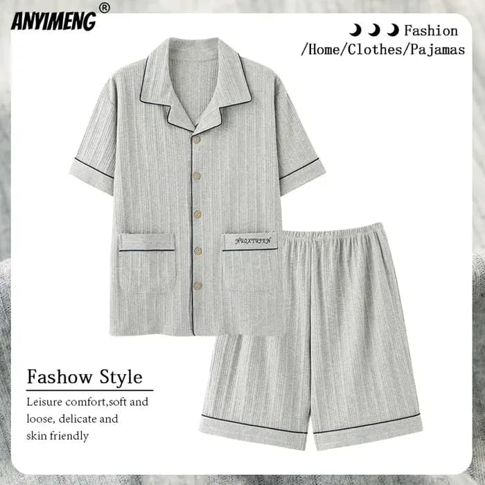 Pyjama gris à revers pour hommes, cardigan, vêtements de maison pour gentleman, short d'été, vêtements de salon en coton, grande taille, 3XL, 4XL, vêtements de nuit