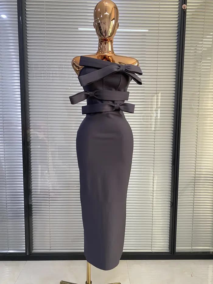 Robes Bandage 2026 Femme Gris Bustier Nœud Papillon Moulante Longue Robe de Soirée Célébrité Club Cocktail Bal de Promo