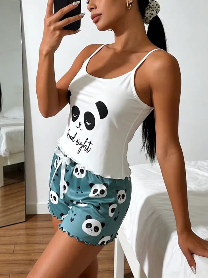 Pyjama femme col rond, débardeur à fines bretelles sans manches