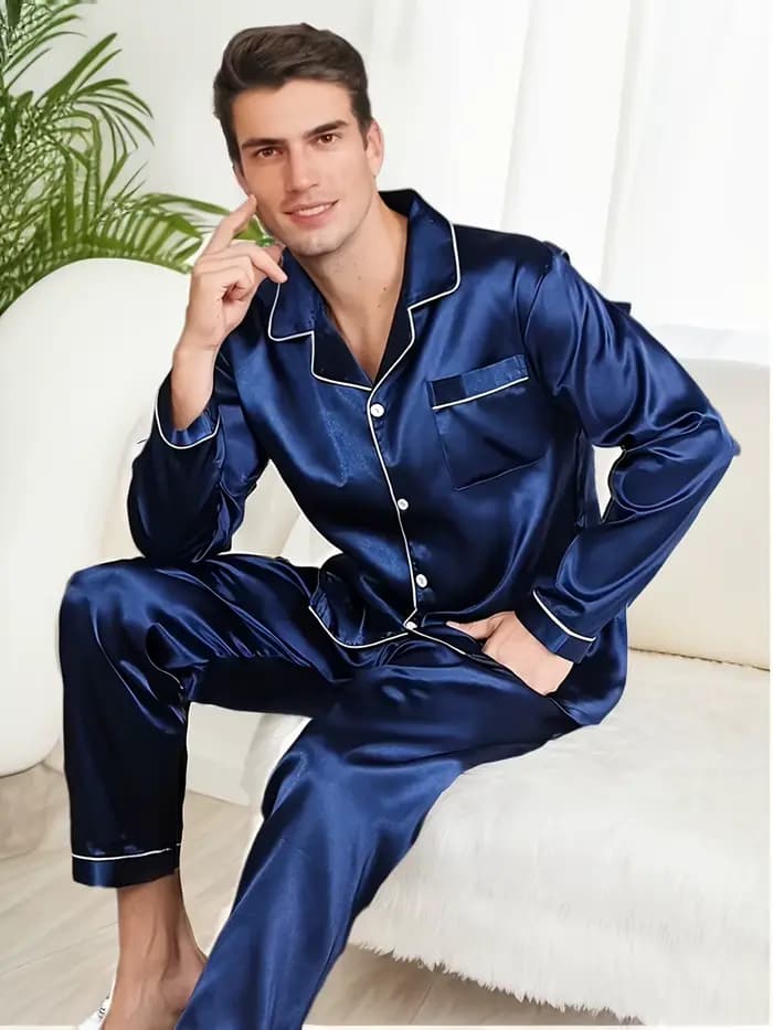 Hommes pyjama ensembles vêtements de nuit en microfibre pour dormir homme chemise soie à manches longues
