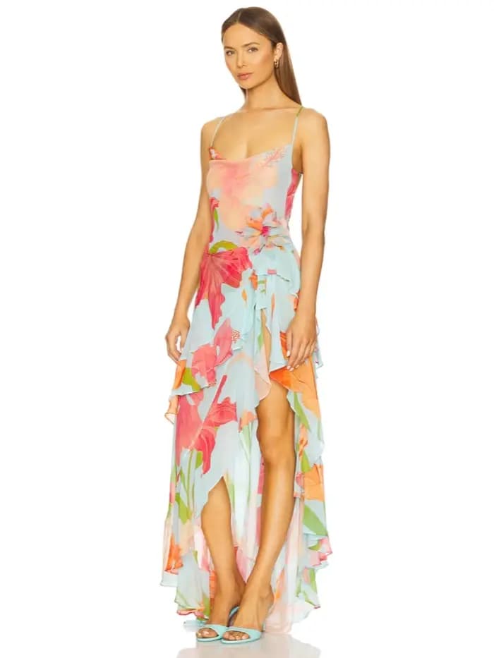 Robe longue d'été sexy à bretelles spaghetti imprimée avec volants fendus pour femme