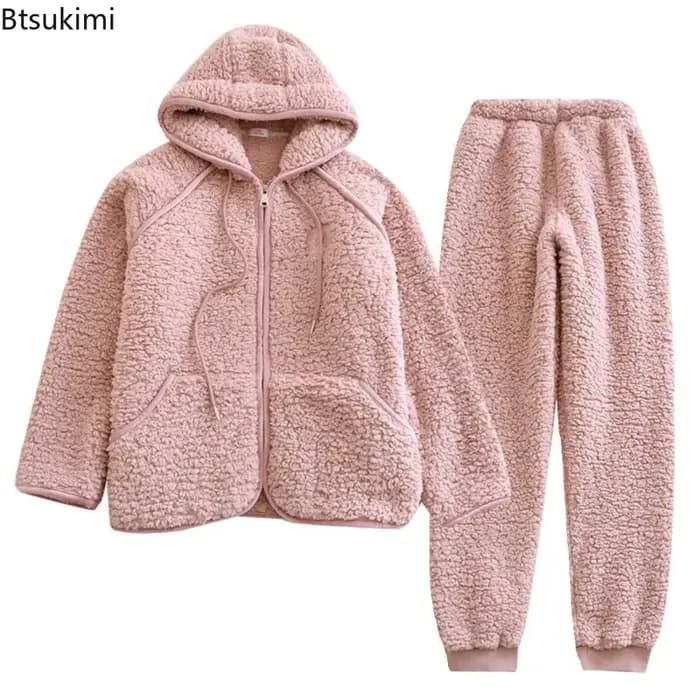 2026 agneau polaire Couple pyjama ensembles doux chaud fermeture éclair hauts à capuche pantalons vêtements de nuit