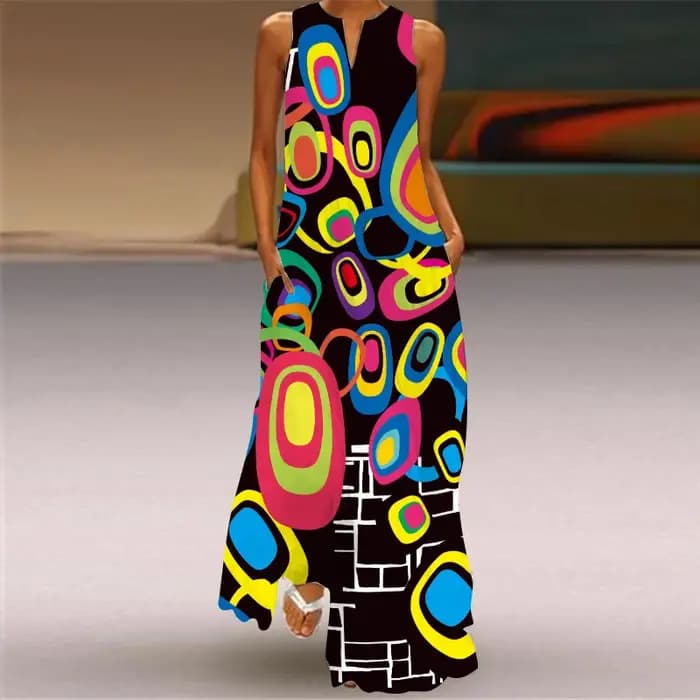 Robe longue à col en V pour femmes avec poche