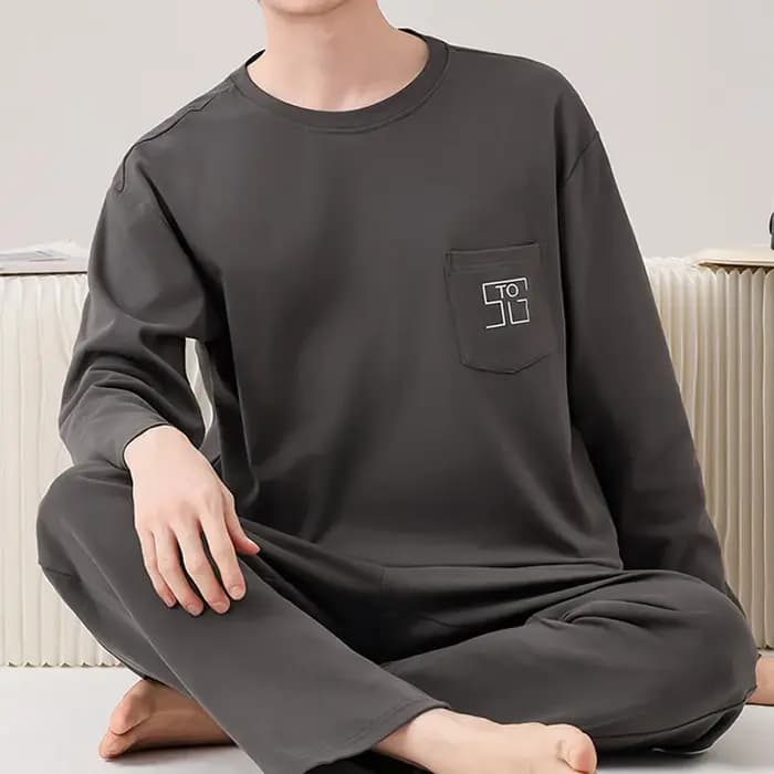 Ensemble de pyjama pour homme 100% coton, col rond, haut à manches longues, pantalon long, ample, doux, décontracté, deux pièces, vêtement de nuit.