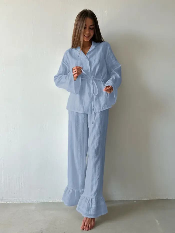Ensemble de Nuit Décontracté 2 Pièces pour Femme – Chemise de Nuit à Manches Longues et Pantalon Ample à Col Rabattu – Vêtements d'Intérieur Confortables pour Dames