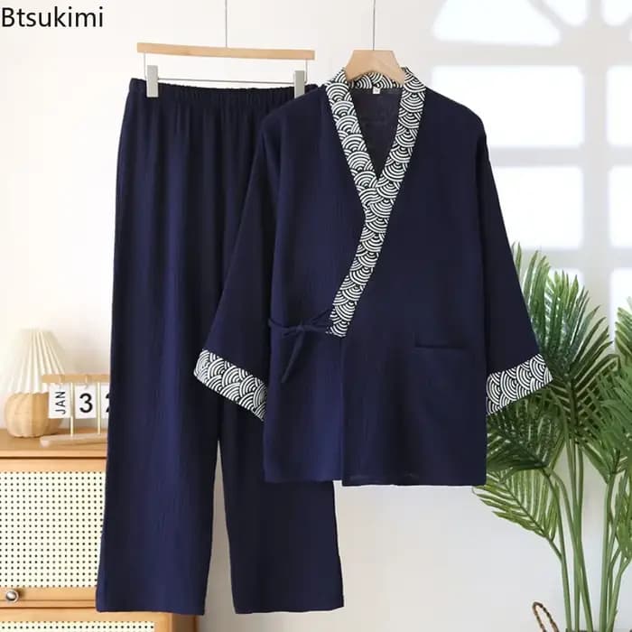 Ensemble pyjama homme 2026 : Kimono et pantalon à manches longues en coton crêpe pour l'automne et le printemps