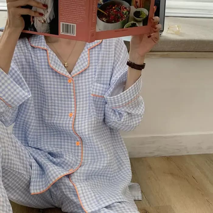 Pyjamas en coton pour femmes vêtements de nuit coréens femme 2 pièces ensemble Pijama Plaid vêtement
