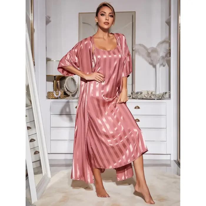Élégant femme longue Robe chemise de nuit ensemble vêtements de détente rose rayure soie Satin Kimon